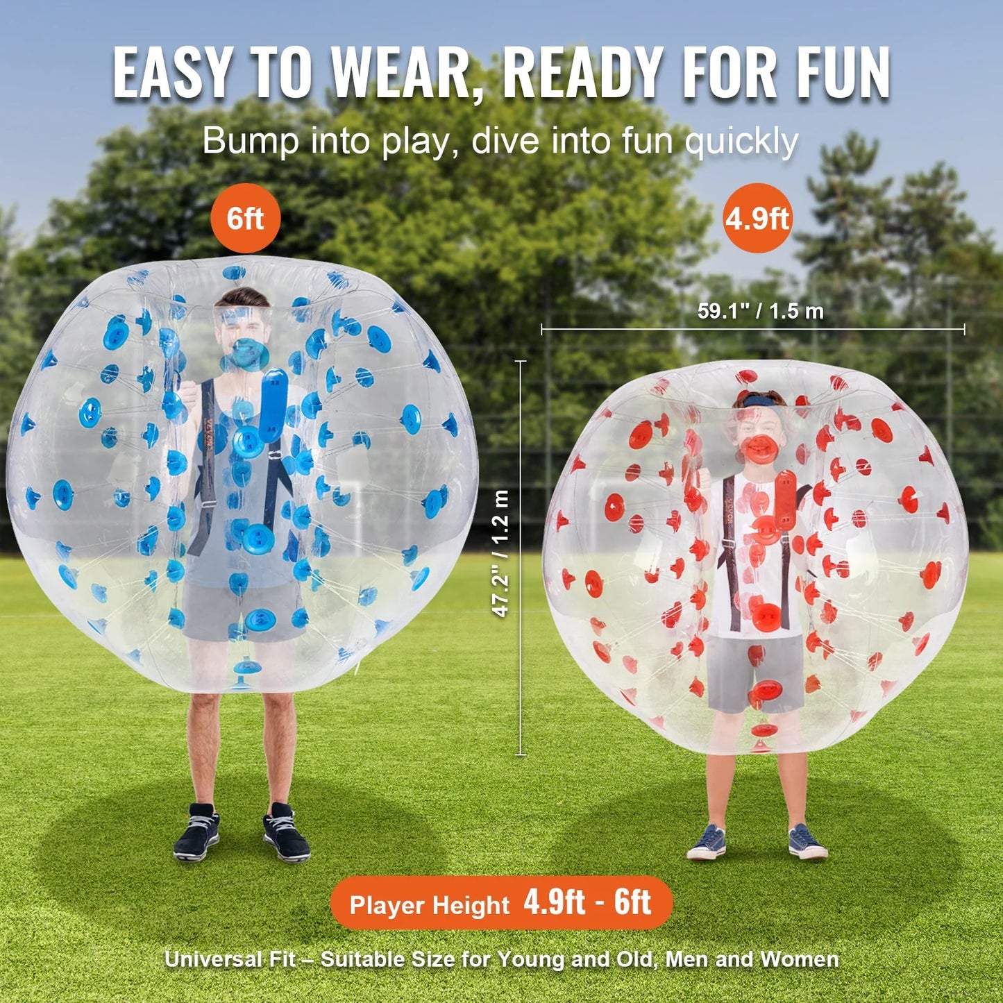 VEVOR Inflatable Bumper Balls 2-Pack, 5FT/1.5M Body Sumo Zorb Balls for Teen & Adult, 0.8Mm Thick PVC Human Hamster Bubble Balls for Outdoor Team Gaming Play, Bumper Bopper Toys for Garden, Yard, Park